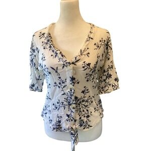 LUQ Womens Floral V-Neck Blouse Medium White Blue Boho Cottagecore Rayon Top